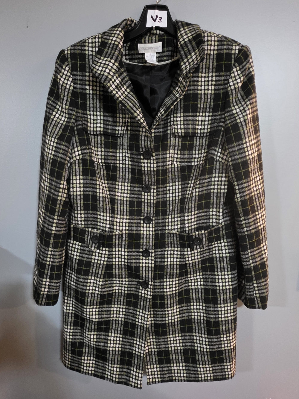 Worthington Black and Cream Plaid Trench Coat